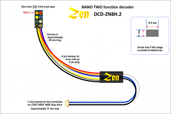 Zen Black decoder - nano - 8 pin harness - 2 functions - with ABC module - DCC concepts